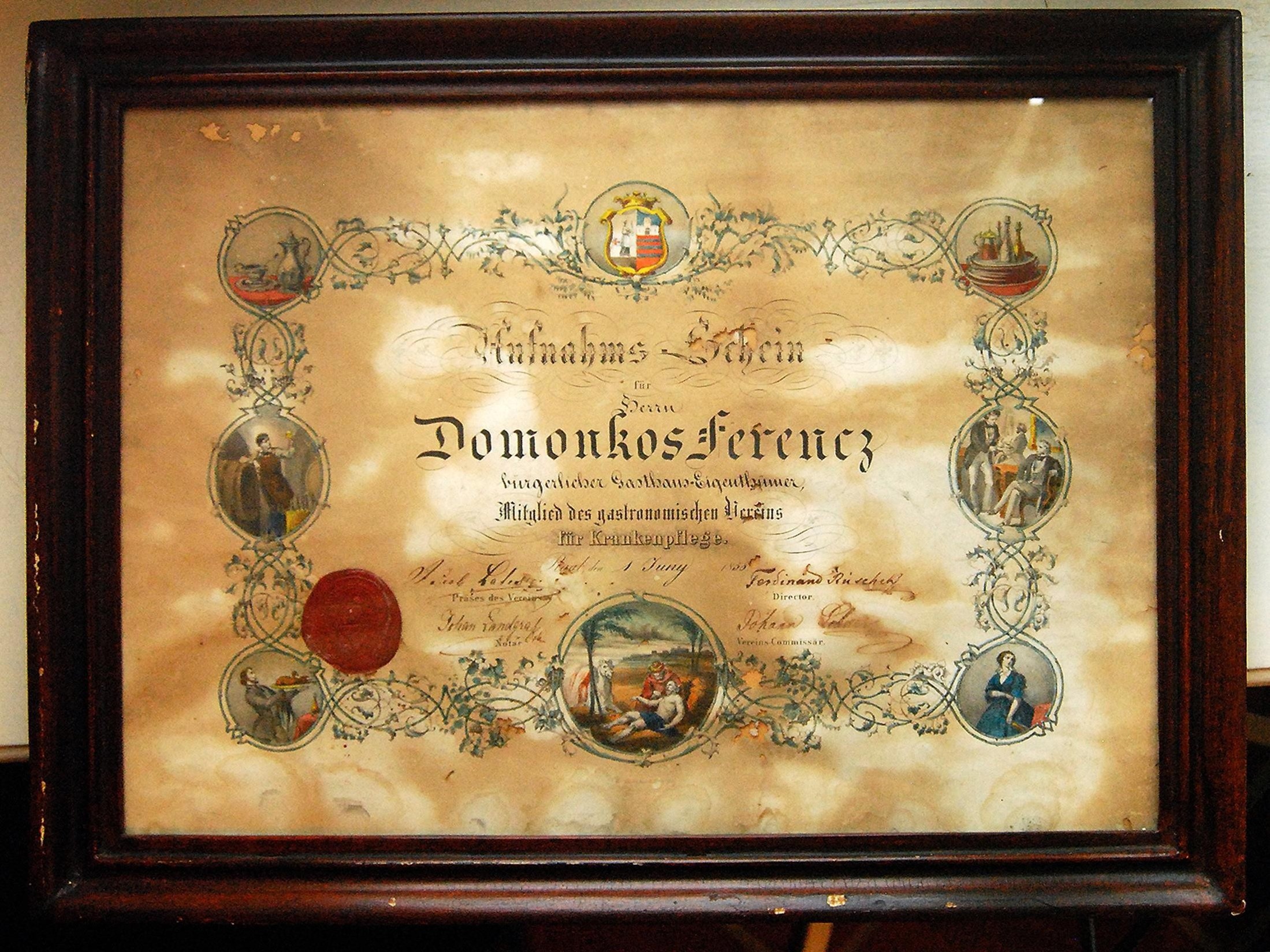 Domonkos Ferenc vendéglős oklevele